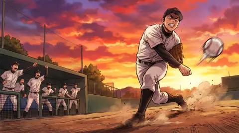 Korean webtoon sports panel of a high school baseball pitcher mid-throw on a dusty field at sunset…