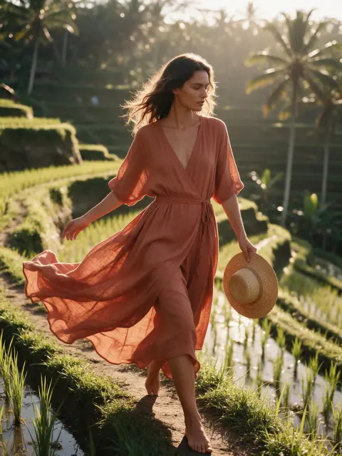 Summer resort fashion in Bali: a model in a flowing terracotta linen dress walking through a rice terrace path, straw ha