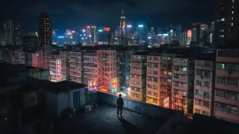 Kowloon rooftop view at night, dense neon and apartments, a lone person on a rooftop looking at the skyline