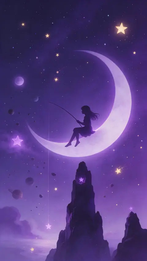 Aesthetic wallpaper of a girl silhouette sitting on the moon fishing for stars, deep purple sky, soft glow, whimsical