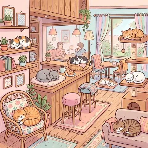 Cute doodle-style illustration of a cat café with cats napping in various spots, hand-drawn lines, pastel colors, no tex