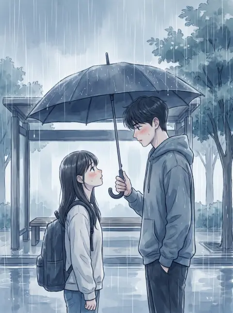 Korean webtoon romance panel of two university students meeting under one umbrella at a bus stop in the first summer dow