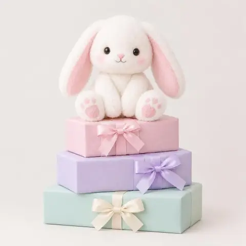 Cute plush toy of a white bunny with pink ears sitting on a stack of pastel gift boxes, soft studio product photo, clean