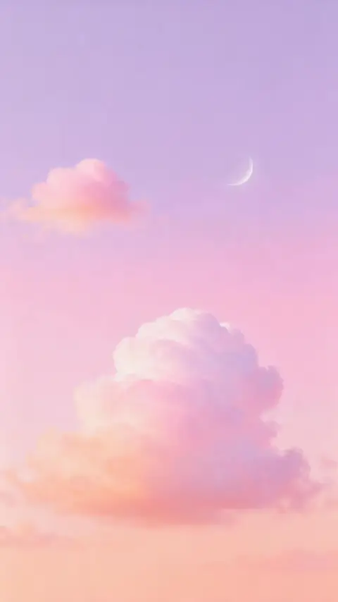 Dreamy pastel phone wallpaper of fluffy clouds at sunset with a crescent moon, soft pink, lavender and peach gradient, c