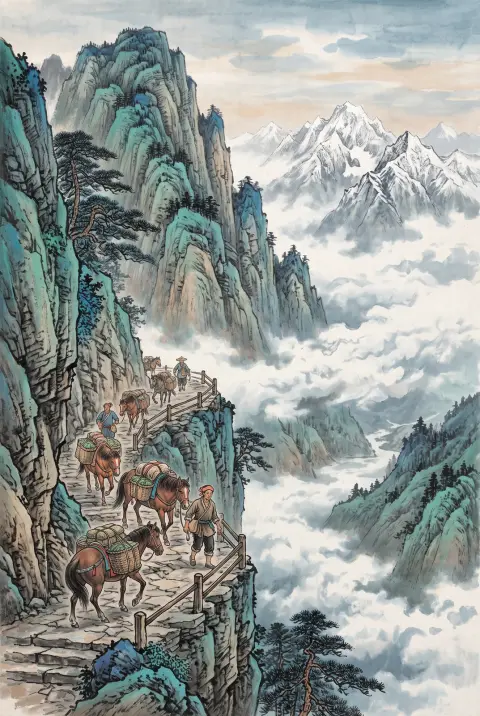 Guofeng painting of tea traders leading laden horses along a cliffside stone path of the ancient Tea Horse Road in Yunna