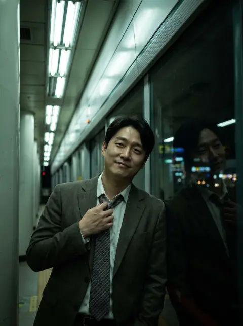 Portrait of a Korean office worker in his early thirties loosening his tie on a late subway platform, fluorescent green-