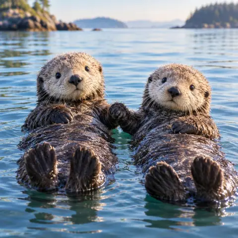Two baby sea otters holding paws while floating on their backs in a calm bay, wet fur glistening, soft morning light, he