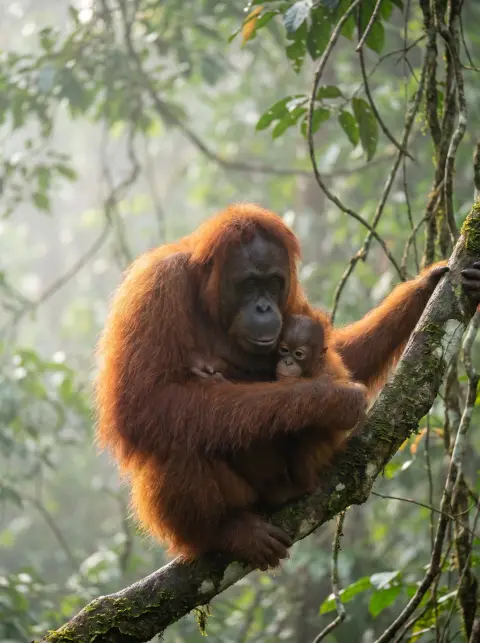 Orangutan mother cradling her baby high in the Borneo rainforest canopy, morning mist, rust-orange fur glowing in soft b