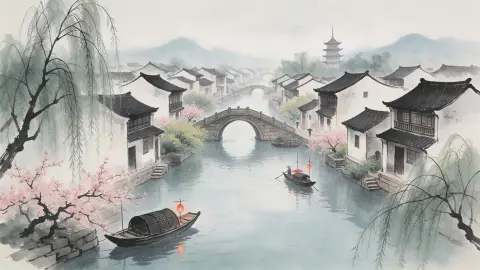 Guofeng painting of a long scroll-like river town in Jiangnan with arched stone bridges, black-tiled white houses, boats