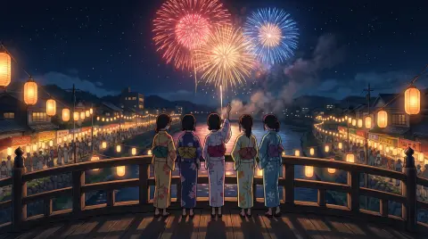 Anime night scene of a small Japanese town during a summer festival, fireworks exploding over the river, yukata-clad fri