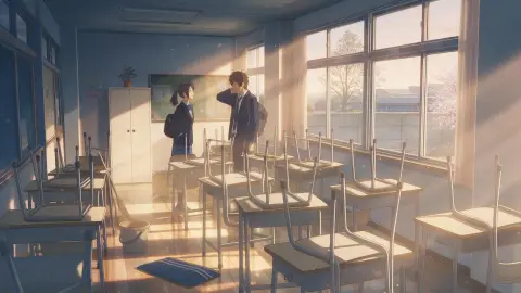 Anime classroom after school, golden light streaming through windows, chairs on desks, a girl and boy talking by the win