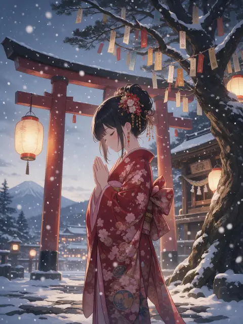 Anime girl in a kimono making a wish at a shrine on New Year's Eve, snow falling, paper fortunes tied to a tree, warm la