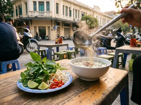 Vietnamese pho with fresh herbs, lime, bean sprouts and chili on the side, broth being poured from a ladle, street-side 