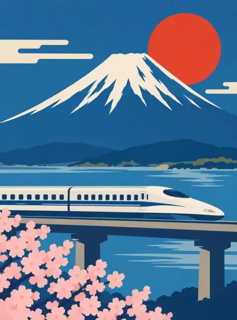 Mid-century modern travel poster style illustration of Mount Fuji with a bullet train passing in front, bold flat shapes