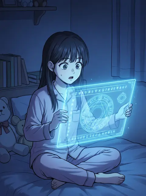 Korean webtoon fantasy: a girl opening a glowing magical status window in her bedroom at midnight, surprised face, blue 