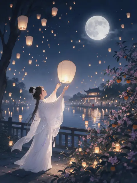 Guofeng illustration of a girl in a moon-white hanfu releasing a paper lantern into the night sky by a river during the