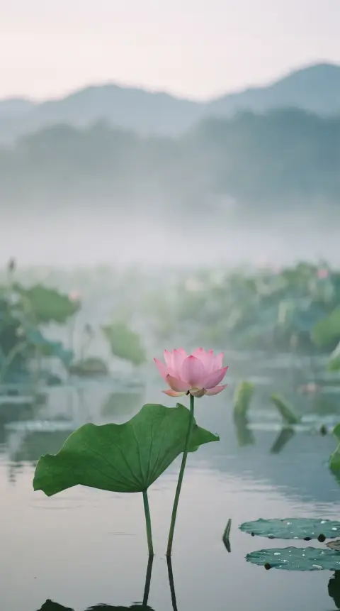 Vertical wallpaper of a misty lotus pond at dawn with a single pink lotus flower, calm and minimal