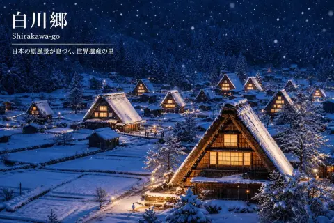 Snowy Japanese mountain village of Shirakawa-go at night with lit thatched-roof houses, gentle snowfall…