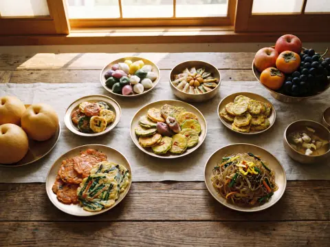 Food photography: a Chuseok table spread with songpyeon, jeon pancakes, japchae and fruit on brass dishes…