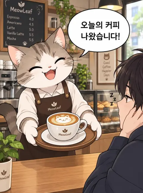 Korean webtoon panel in full colour: a cat barista proudly presenting a latte to a sleepy customer…