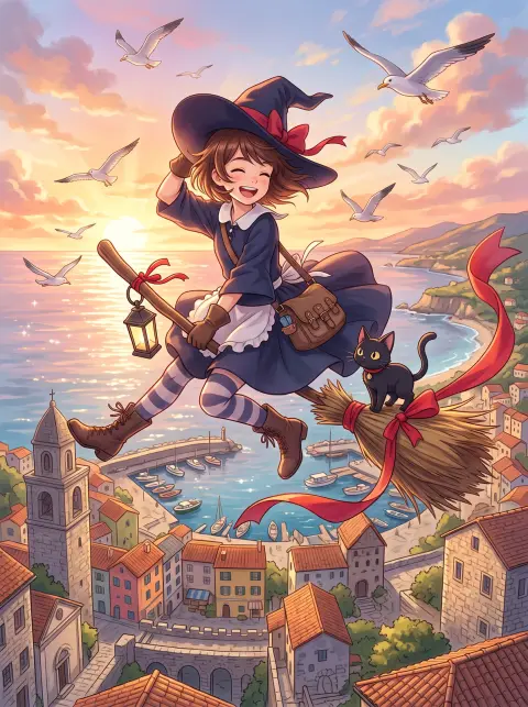 Anime witch apprentice flying on a broom over a European-style coastal town at sunrise, her black cat on the bristles, r