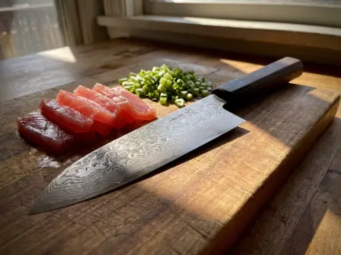 Japanese chef's knife with damascus pattern on a cutting board with sliced tuna, dramatic side light, craftsmanship