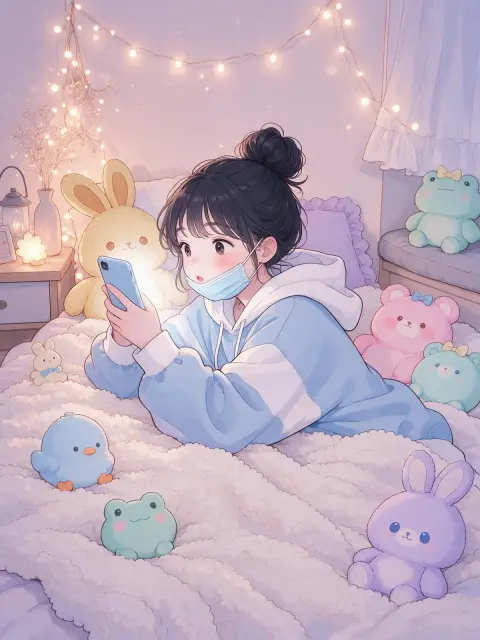 Daily-life webtoon: a girl lying on her bed scrolling her phone with a face mask on, plushies everywhere, fairy lights,
