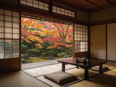 Traditional ryokan room with tatami mats, a low table set with tea, sliding shoji doors opening onto a maple garden, aut
