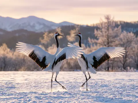 Red-crowned cranes dancing in a snowy field in Hokkaido, wings spread, breath of mist, early morning light, wildlife pho