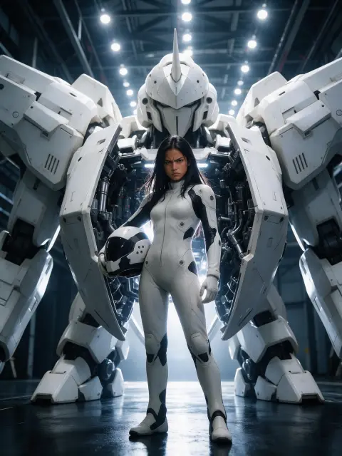 Female mech pilot in a sleek white plug suit standing in front of her giant robot's open cockpit, helmet under her arm,