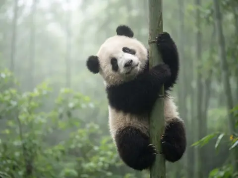 Giant panda cub hugging a bamboo stalk in a misty Chengdu forest, curious expression, soft green background, adorable wi