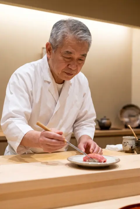 Indian-Japanese chef in a crisp white jacket plating a single piece of nigiri at a hinoki counter, shot from slightly be