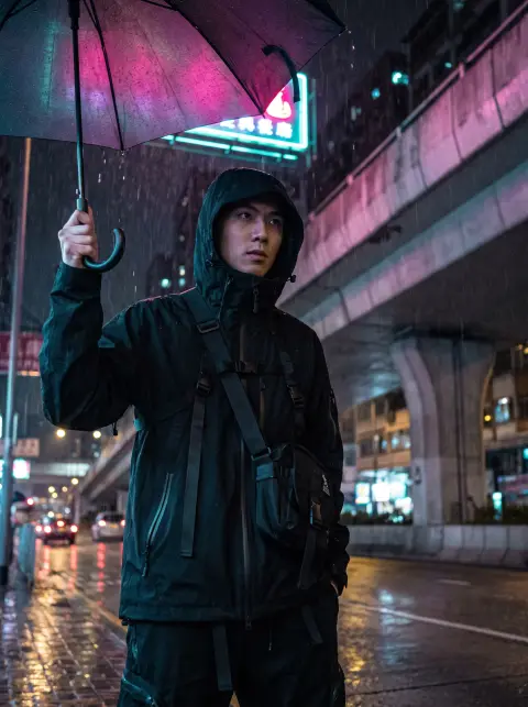 Techwear outfit on a model under a Hong Kong overpass in the rain: black waterproof shell, utility straps, cross-body ba