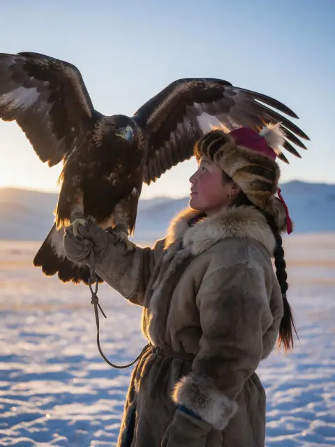 Mongolian eagle huntress in a fur-trimmed coat holding a golden eagle on her gloved arm, snowy steppe at sunrise, eagle'