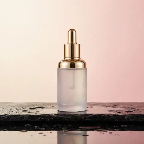 Luxury K-beauty serum bottle in frosted glass with a gold dropper, standing on a wet black stone with water droplets, so