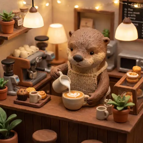 3D character: a clay-style otter barista making latte art, tiny cafe counter, cosy lighting, handmade texture