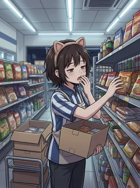 Webtoon slice of life: a cat-ear headband girl working at a convenience store at midnight, stocking shelves…