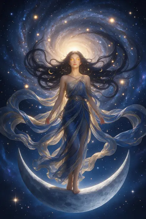 Celestial goddess made of starlight and silk standing on a crescent moon, galaxy swirling in her flowing hair, ethereal