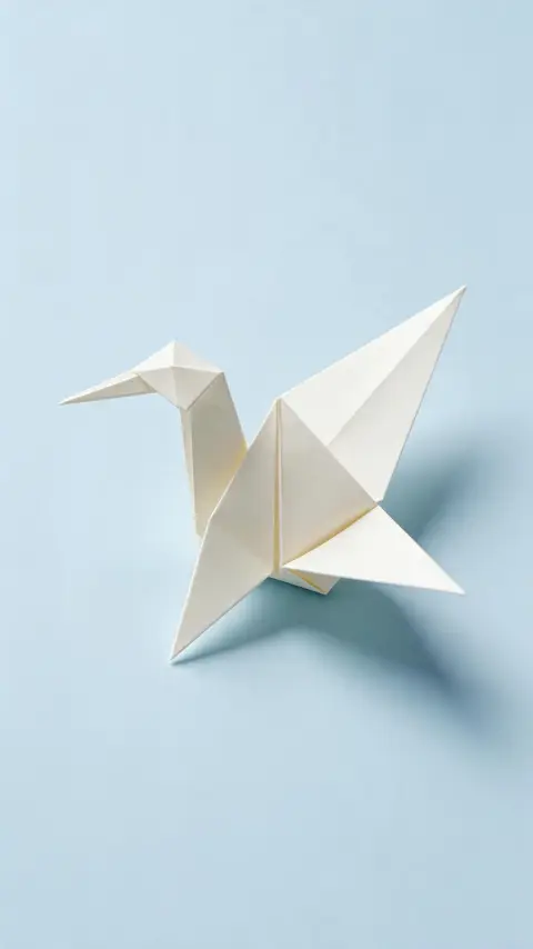 Minimal phone wallpaper of a paper crane on pale blue background with soft shadow