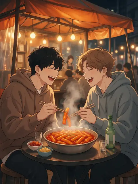 Slice-of-life webtoon panel: two university friends sharing tteokbokki at a pojangmacha tent at night, orange tarp glow,