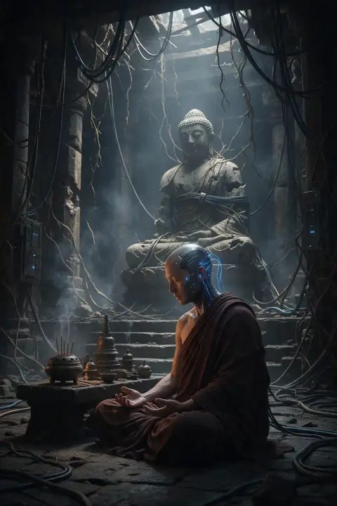 Cyborg monk meditating in a ruined temple overgrown with cables and vines, half his face metallic with glowing circuitry