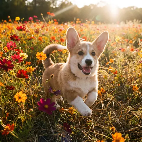 Corgi puppy running through a field of cosmos flowers in autumn, ears flopping, golden backlight, joyful action shot