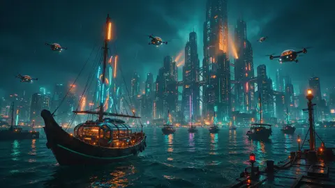 Cyberpunk Hong Kong harbor at night with junk boats carrying neon signs, towering arcologies, flying taxis, dense rain,