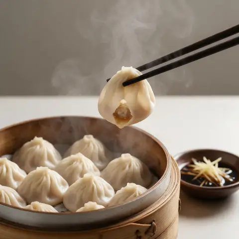 Xiaolongbao dumplings in a bamboo steamer, one lifted with chopsticks showing thin skin and soup inside, ginger and vine