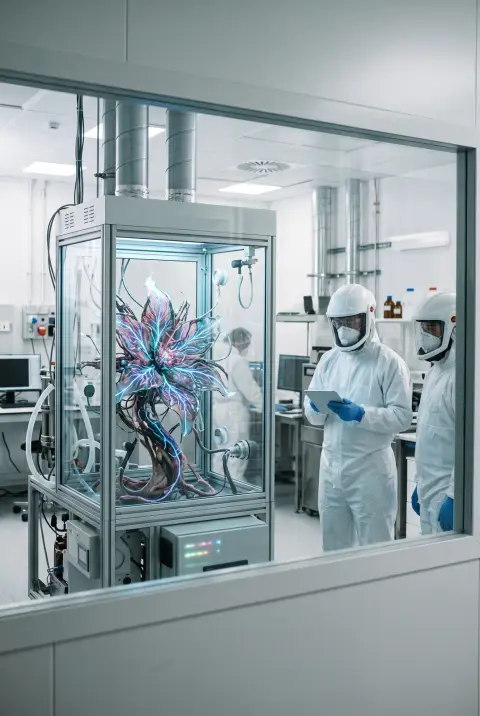 Bio-mechanical alien flower blooming in a sterile white lab, glowing veins, scientists in hazmat suits observing through