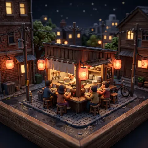 Clay-style 3D diorama of a tiny ramen shop on a street corner at night, glowing lantern, little customers on stools, til