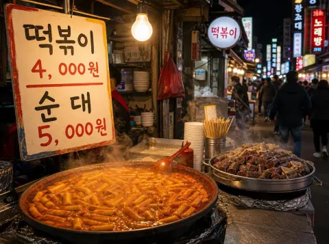 Korean street food stall at night with a hand-painted menu board reading "떡볶이 4,000원" and "순대 5,000원…