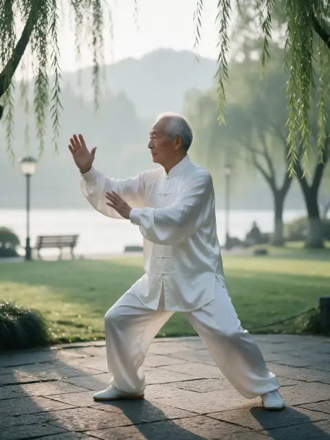 Chinese grandfather practicing tai chi alone in a misty Hangzhou park by West Lake at dawn, white silk clothes, slow gra