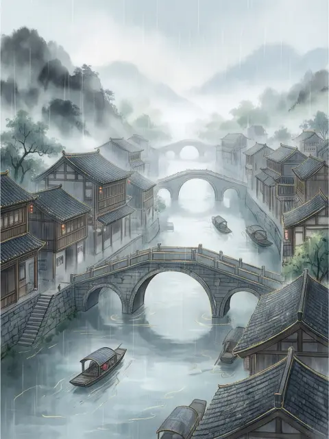 Chinese guofeng digital painting of a river town with stone bridges in rain, ink wash textures with fine gold lines, eth