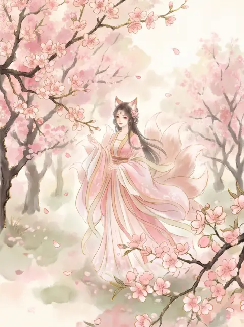 Chinese guofeng digital painting of a fox spirit girl among peach blossoms, ink wash textures with fine gold lines, ethe
